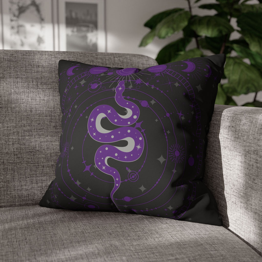 Purple Celestial Snake Moon Phases Throw Pillow — Witchy Gothic Dark Home Decor