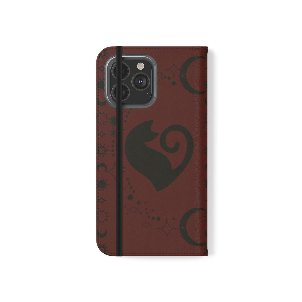 Dark Academia Celestial Black Cat Flip Wallet Case for iPhone and Samsung Galaxy Phones