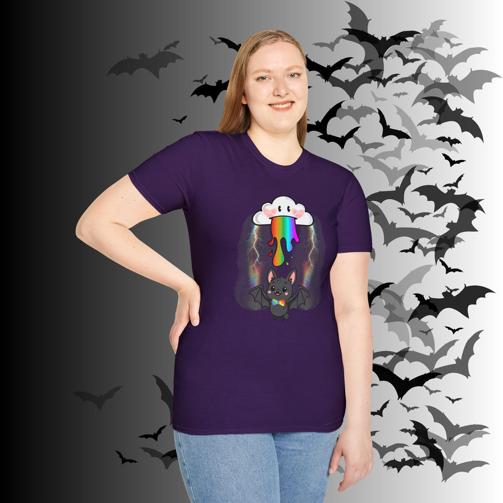 Rainbow Vomit Cloud Bat T-Shirt — Kawaii Goth Pride Unisex Tee