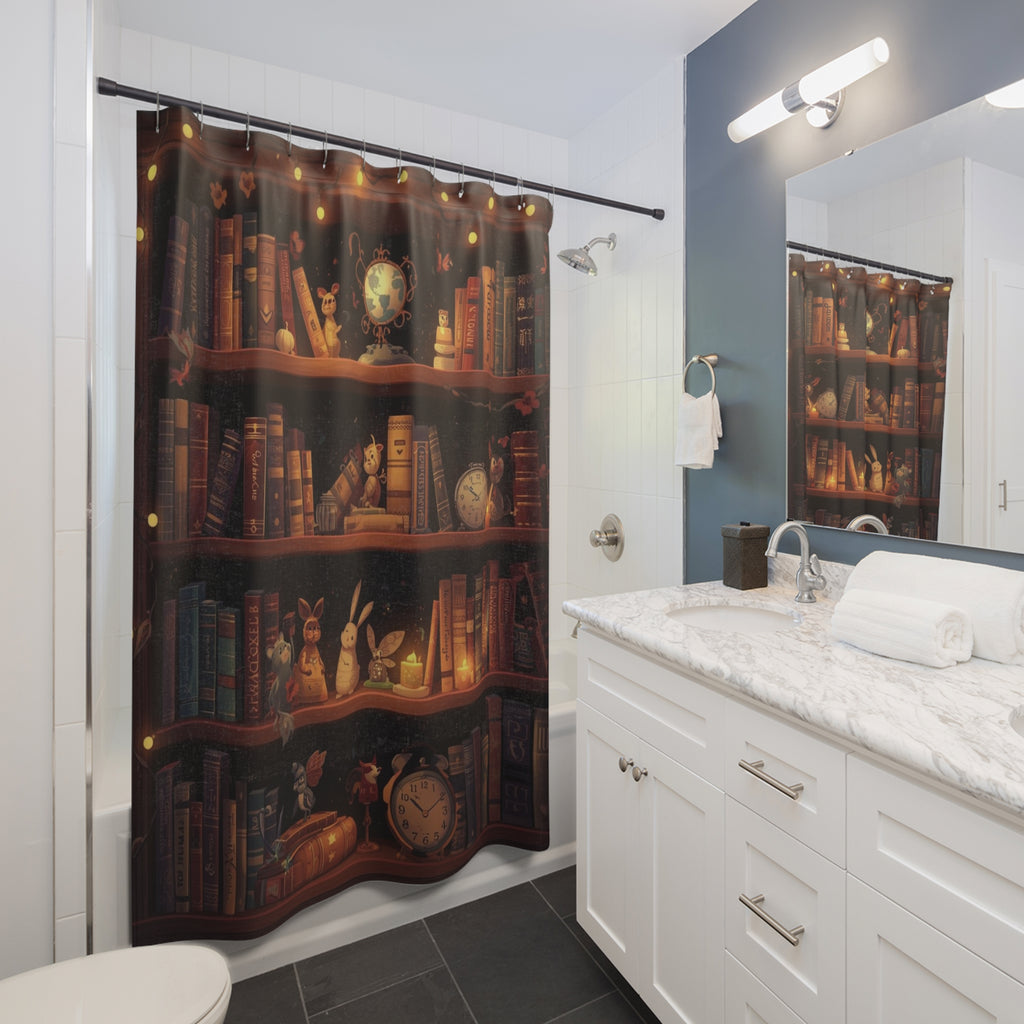 Cozy fantasy shower curtain with three shelves of richly colored books, small rabbit figurines, fairy lights, a globe, alarm clocks, and candles in warm amber tones displayed in a white bathroom