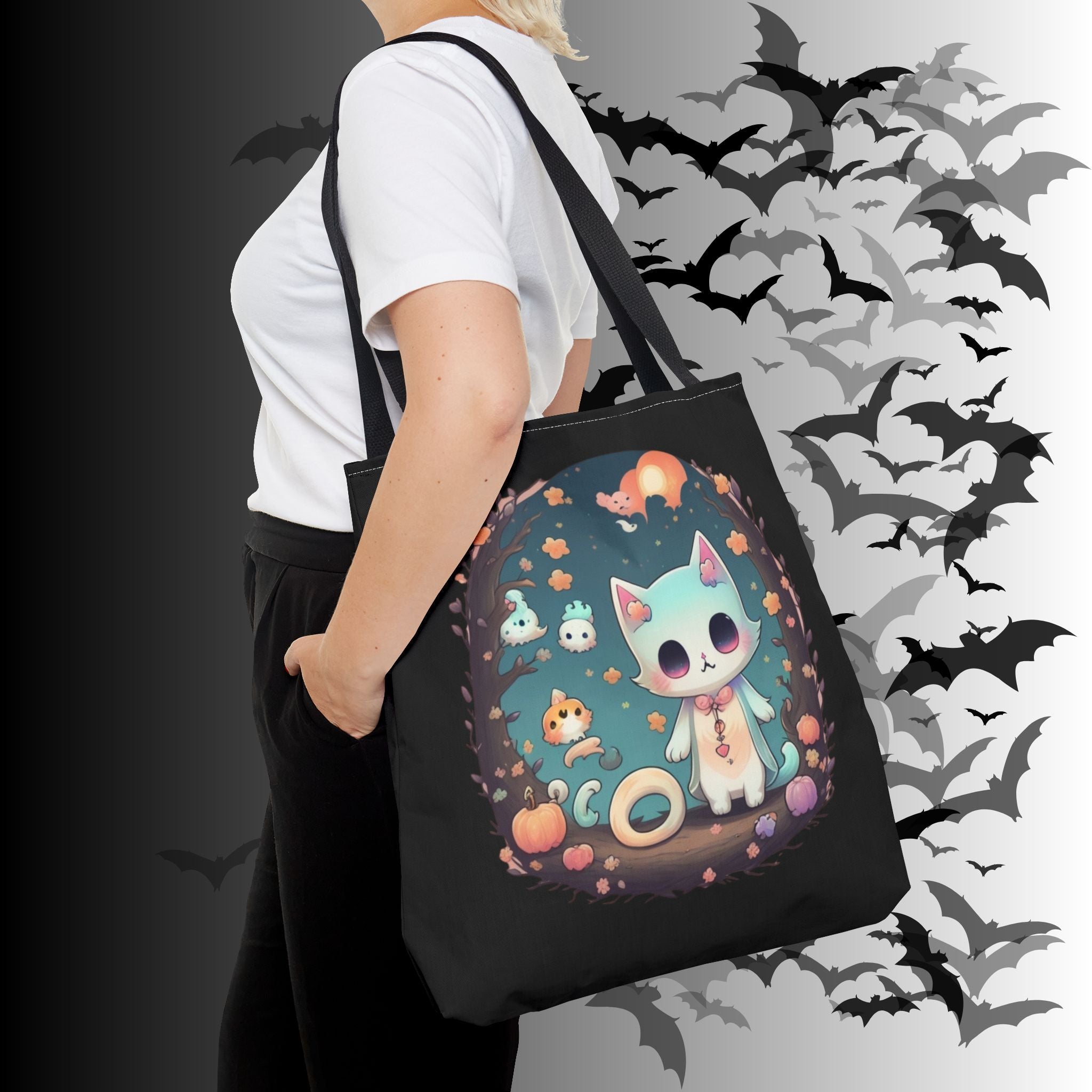 Pastel Goth Kawaii Cat Halloween Tote Bag — Moonlit Forest Scene