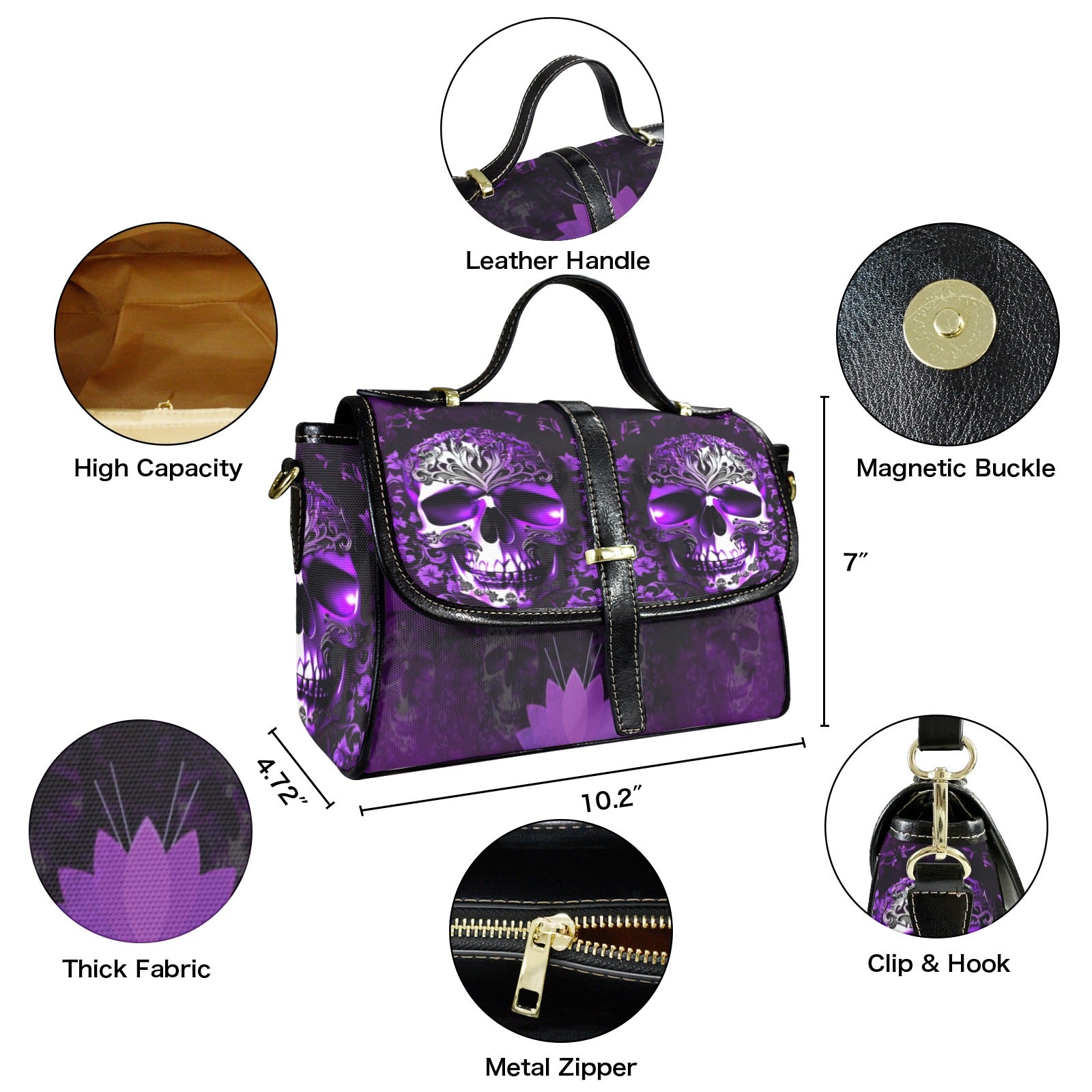 Purple Floral Skull Crossbody Bag | Gothic Glowing Skull Waterproof Canvas Satchel Purse