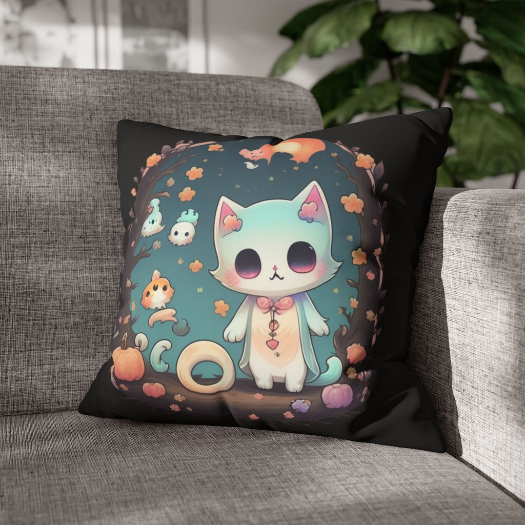 Creepy Cute Pastel Goth Cat Throw Pillow — Kawaii Halloween Dark Home Decor
