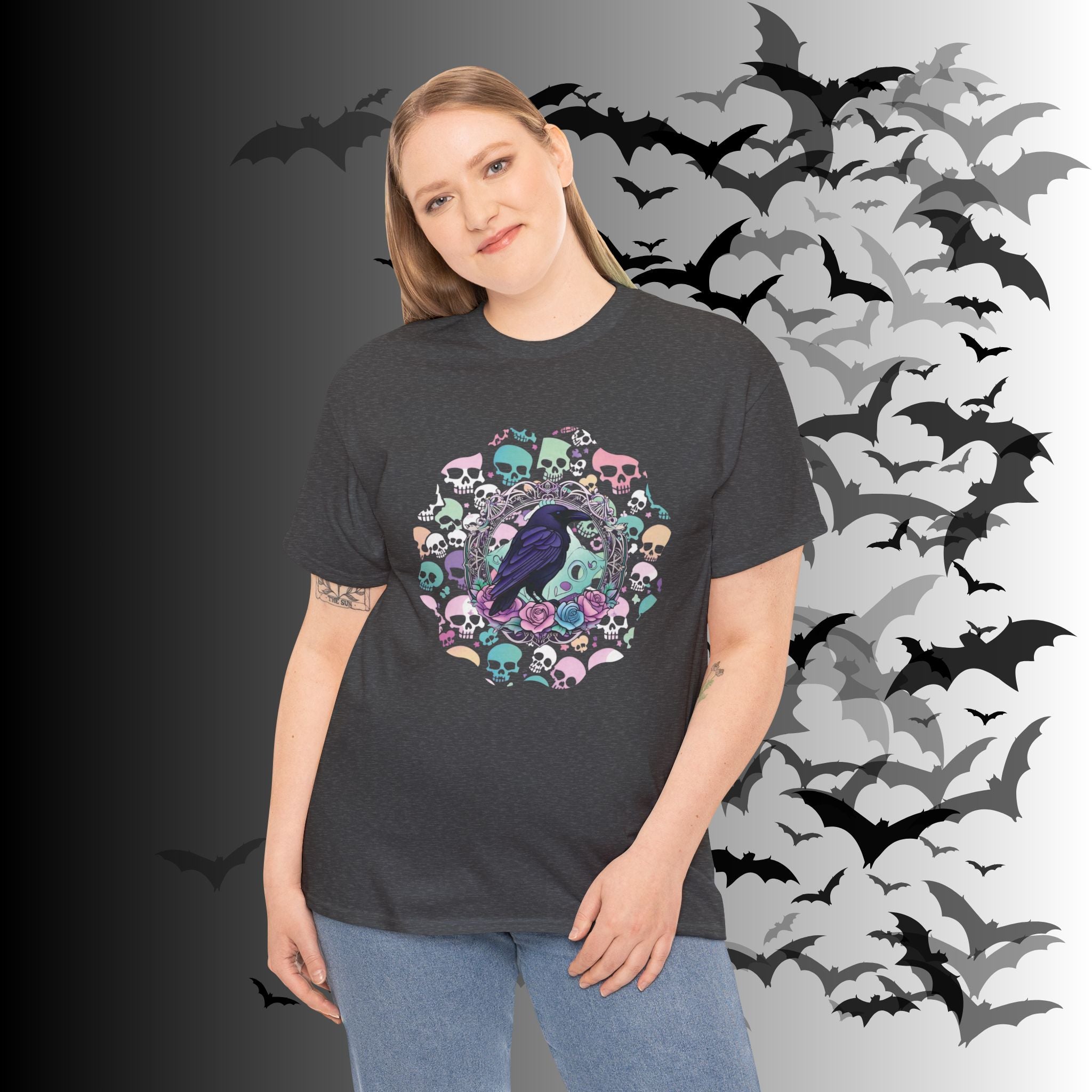 Pastel Goth Raven & Skull Mandala T-Shirt — Gothic Corvid Tee