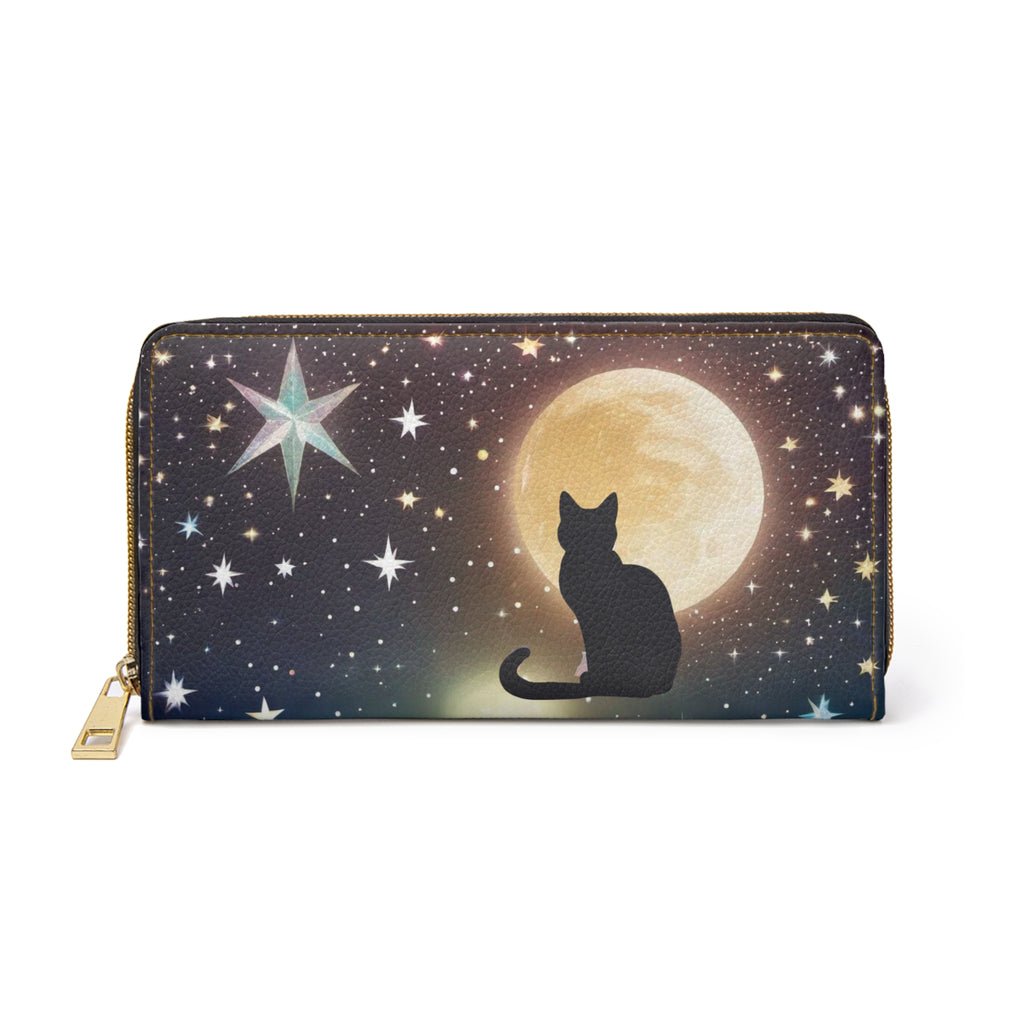 Gothic Black Cat Full Moon Wallet | Celestial Night Sky Faux Leather Zipper Clutch
