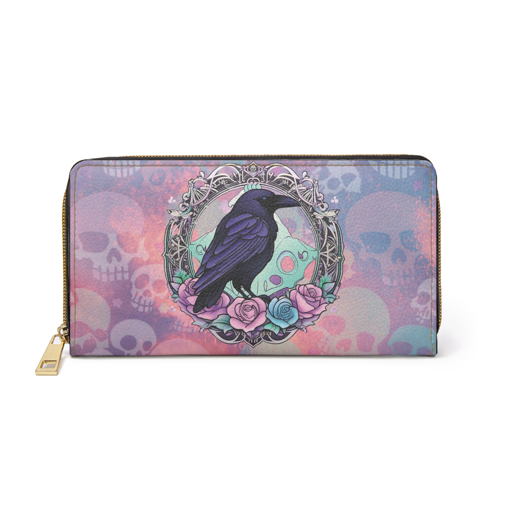 Pastel Goth Raven & Skull Wallet | Gothic Rose Faux Leather Zipper Clutch