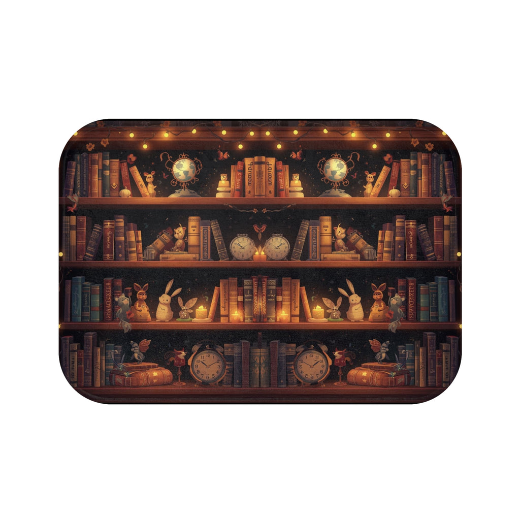 Whimsical Rabbit Bookcase Bath Mat — Cozy Fantasy Book Lover Bathroom Decor