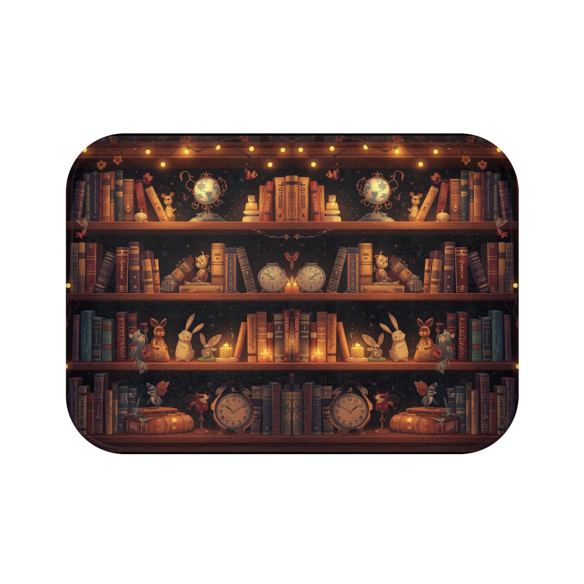 Whimsical Rabbit Bookcase Bath Mat — Cozy Fantasy Book Lover Bathroom Decor