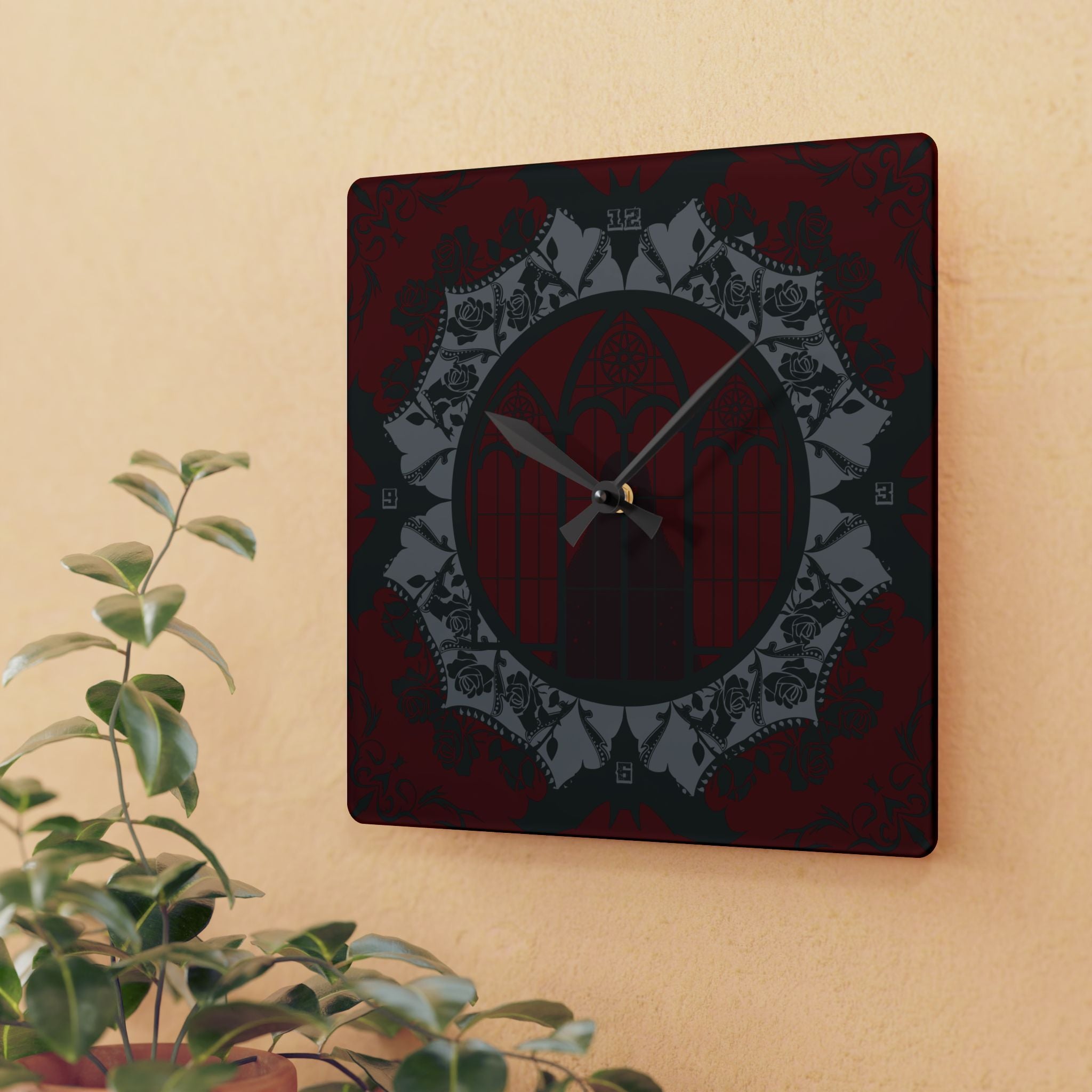Square acrylic wall clock featuring a gothic cathedral interior with arched windows and cloaked figure inside an ornate mandala ring of interlocking grey bat wings and black roses against a deep crimson damask background with black bat silhouettes in the corners and black hour and minute hands