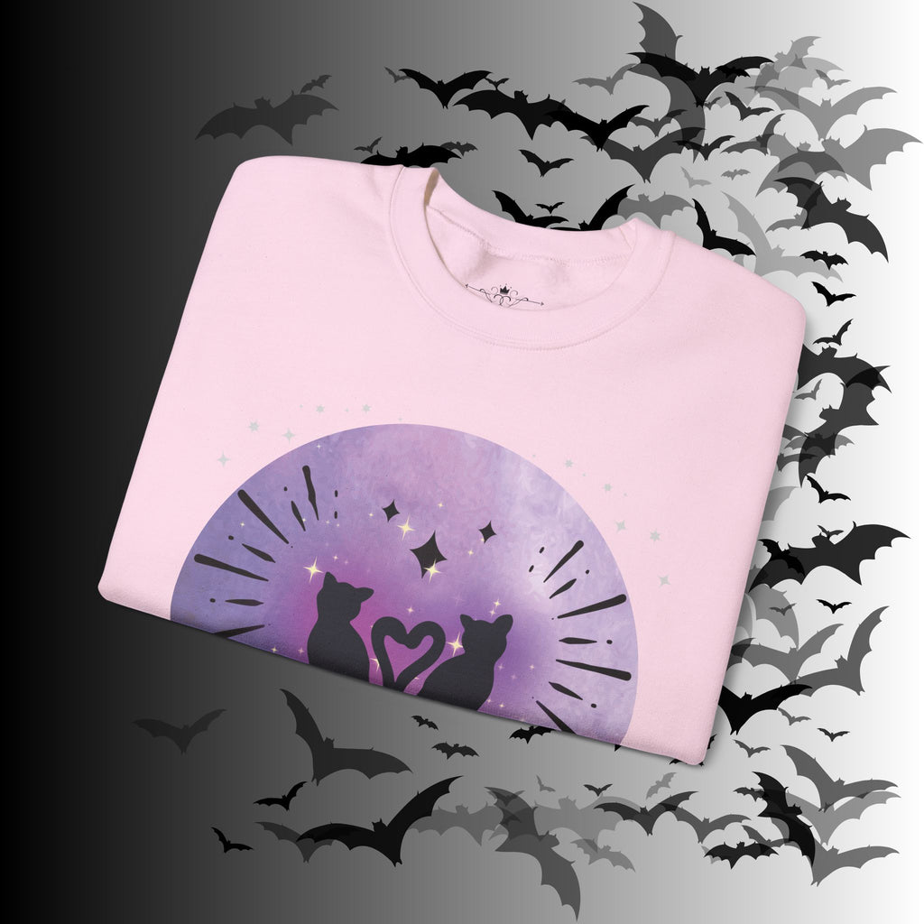 Celestial Twin Cats Heart Moon Crewneck Sweatshirt — Witchy Moon Phase