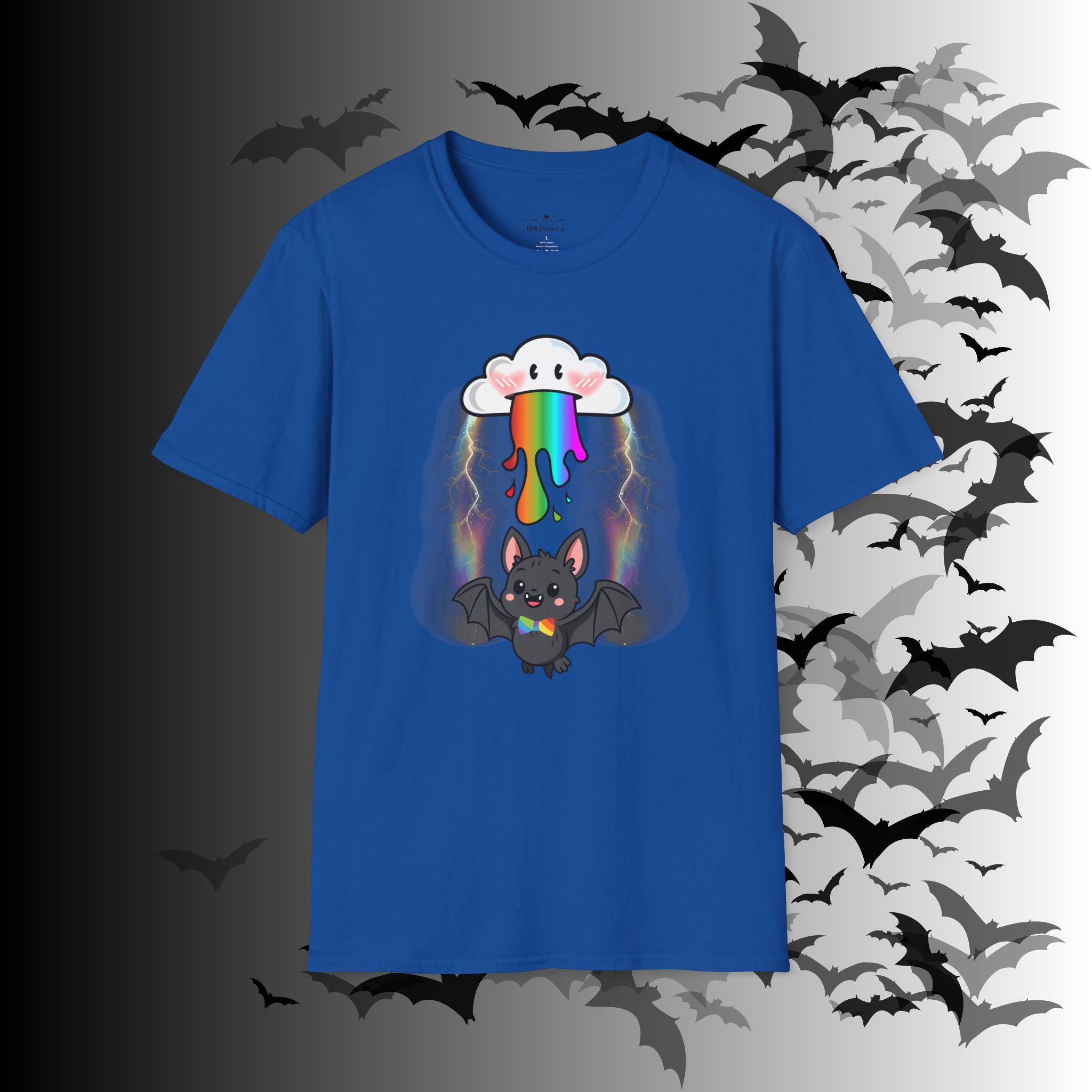 Rainbow Vomit Cloud Bat T-Shirt — Kawaii Goth Pride Unisex Tee