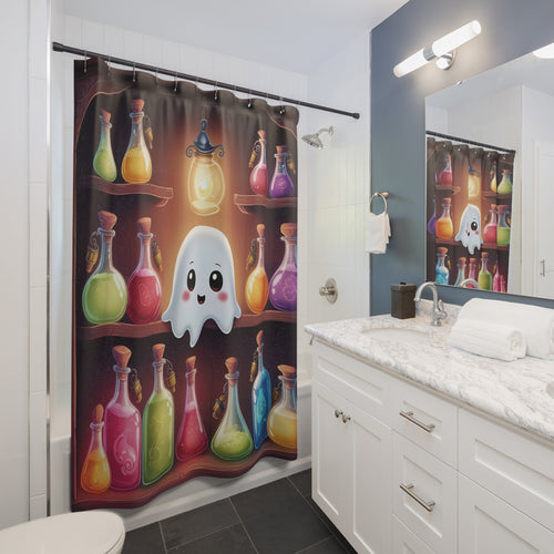 Whimsigoth shower curtain with a kawaii ghost peeking from apothecary shelves filled with colorful glowing potion bottles and a small ornate lantern in warm amber tones displayed in a white bathroom