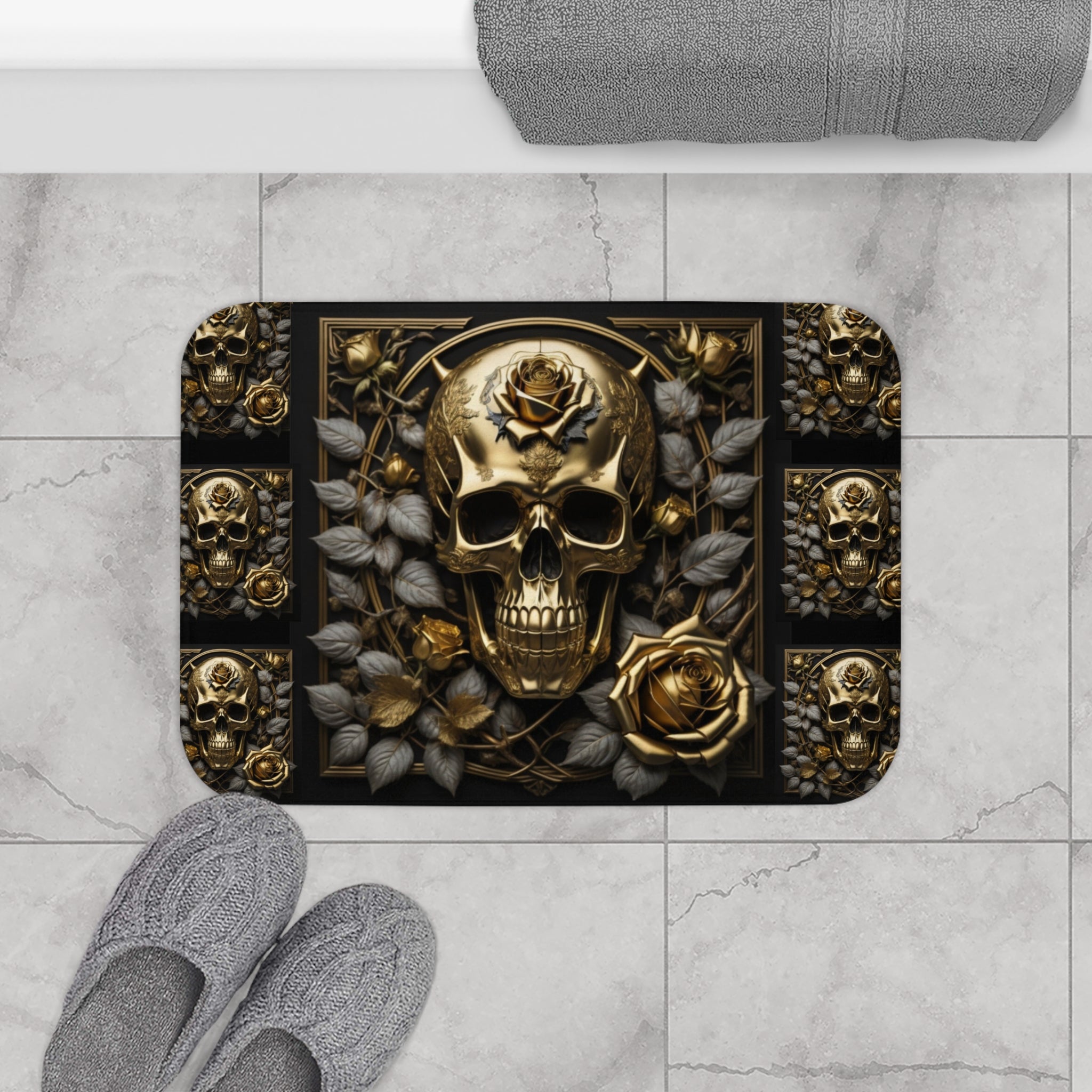 Gothic Black & Gold Skull Rose Bath Mat — Gothic Glam Bathroom Decor