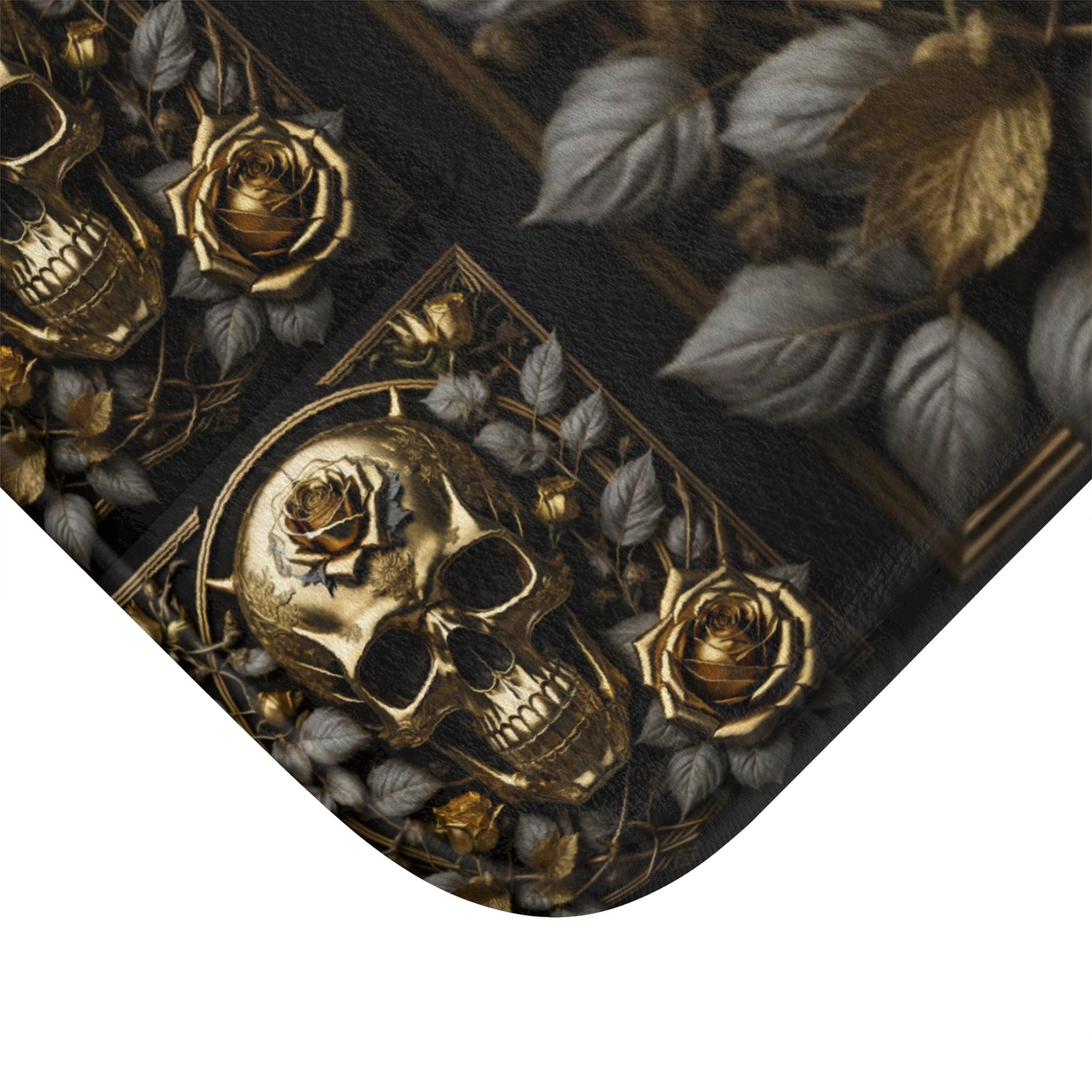 Gothic Black & Gold Skull Rose Bath Mat — Gothic Glam Bathroom Decor