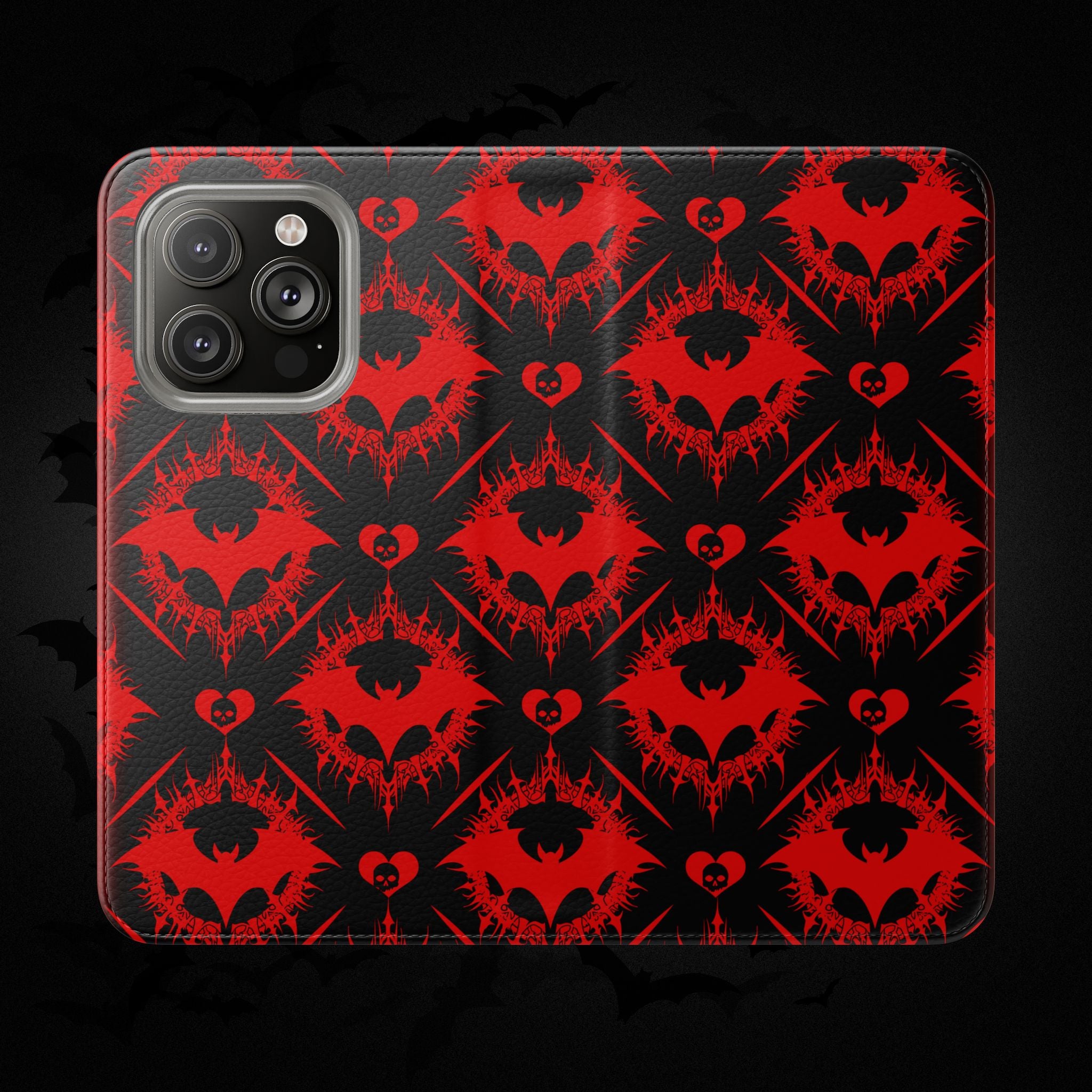 Gothic Bat Wallet Flip Case - Elegant Goth Phone Wallet - Bat Pattern Flip Case - Gothic Phone Case - Stylish Wallet Phone Case