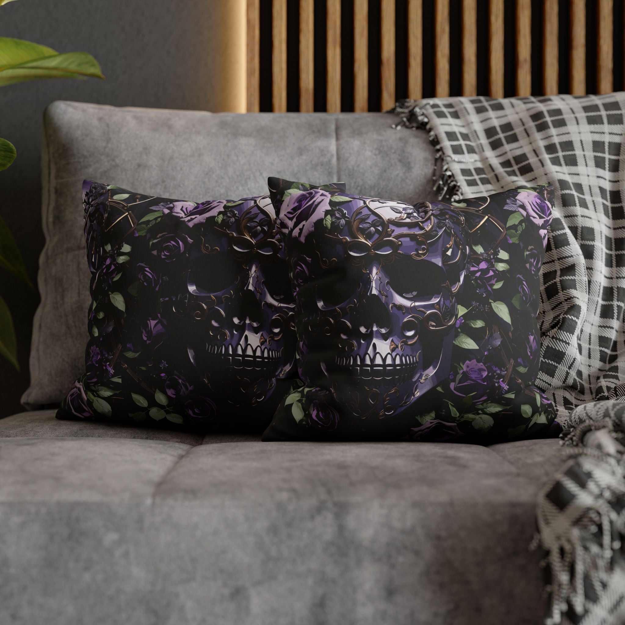 Gothic Black Purple Skull Throw Pillow — Dark Floral Botanical Home Decor