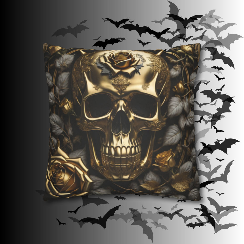Gothic Gold Black Rose Skull Throw Pillow — Dark Floral Botanical Home Decor