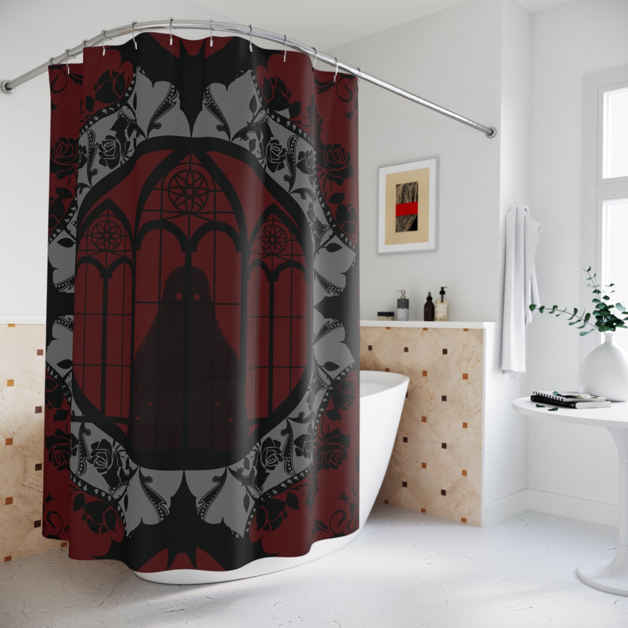 Gothic Cathedral Bats Shower Curtain — Crimson Rose Mandala Bathroom Decor