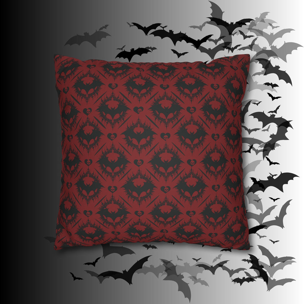 Gothic Bat Diamond Pattern Throw Pillow — Dark Red Damask Home Decor