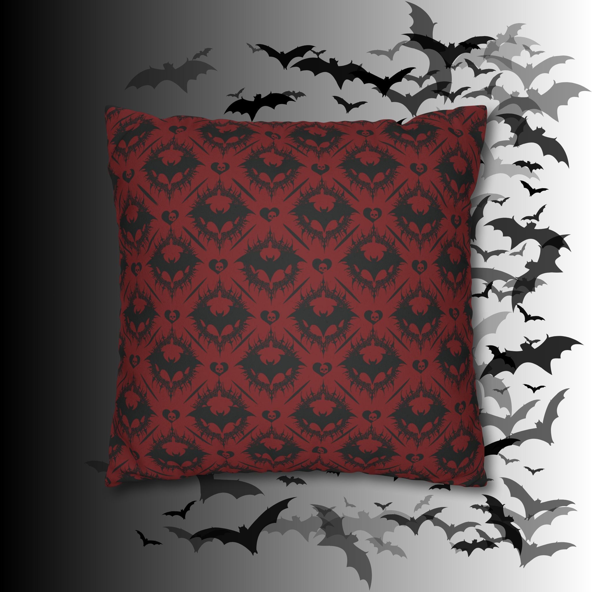 Gothic Bat Diamond Pattern Throw Pillow — Dark Red Damask Home Decor