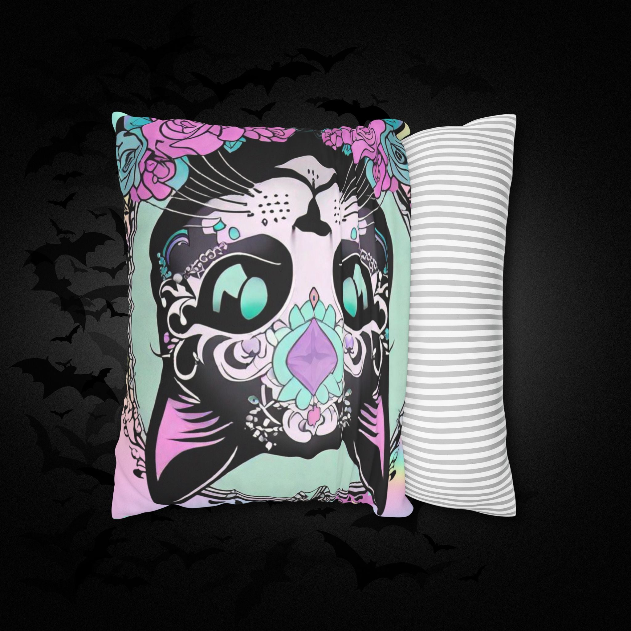 Pastel Goth Sugar Skull Cat Throw Pillow — Floral Gothic Home Decor