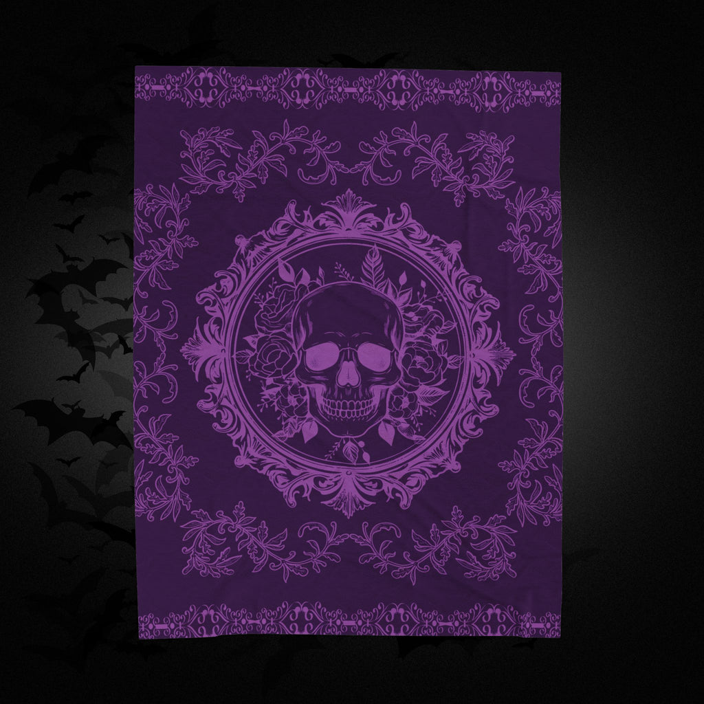 Gothic Purple Skull Botanical Throw Blanket — Tonal Dark Elegance