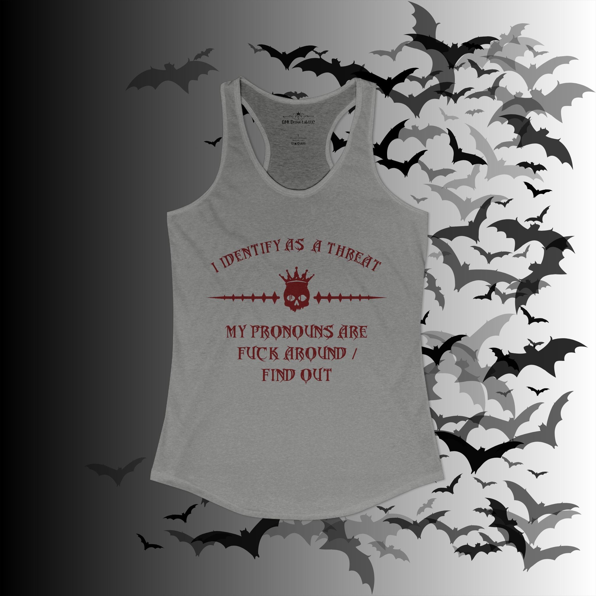 "FAFO" I Identify As A Threat Racerback Tank Top — White Print Front & Back
