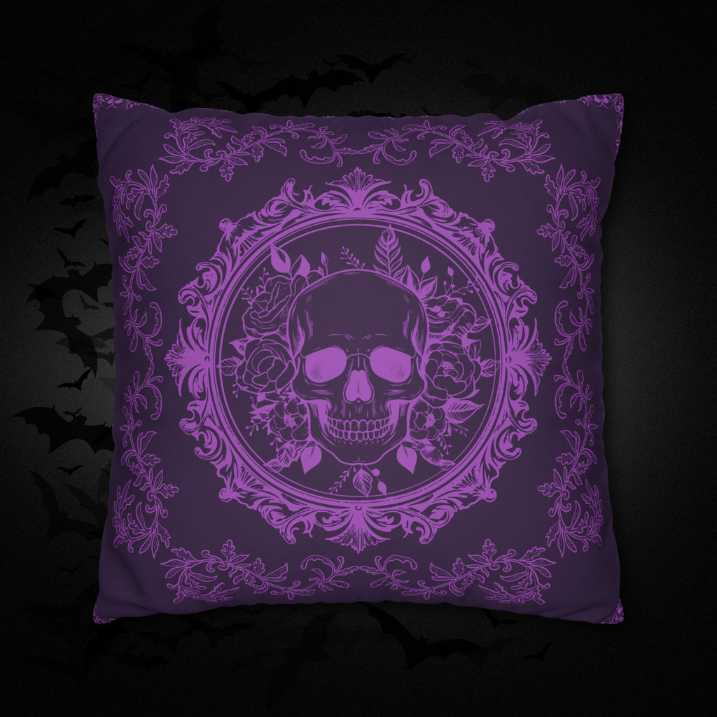 Purple Gothic Floral Skull Throw Pillow — Baroque Botanical Dark Home Decor