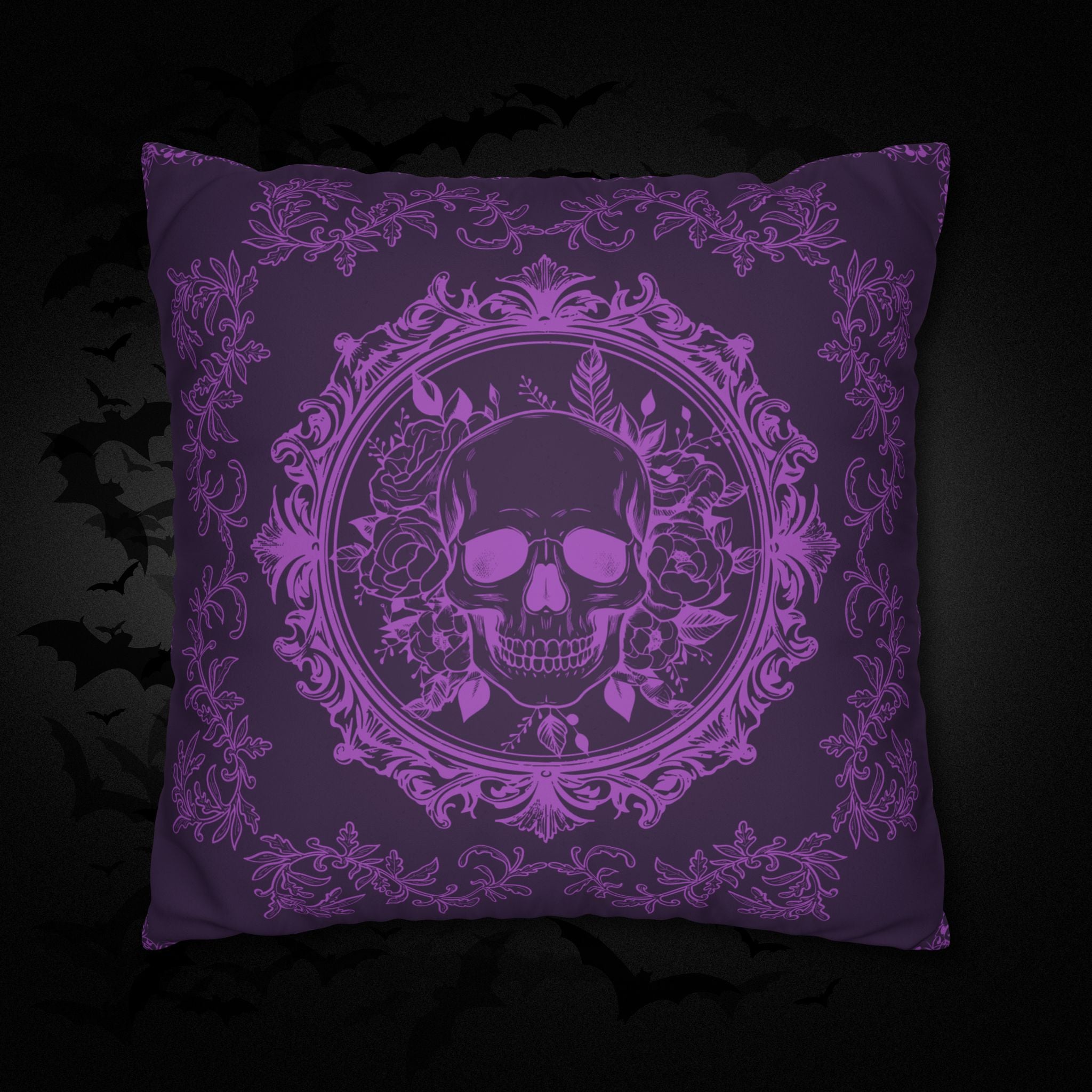 Purple Gothic Floral Skull Throw Pillow — Baroque Botanical Dark Home Decor