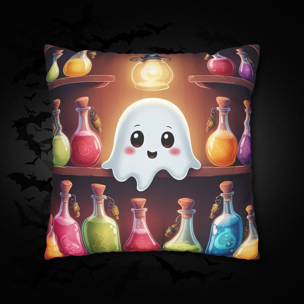 Apothecary Ghost Throw Pillow — Whimsigoth Potion Shelf Dark Home Decor