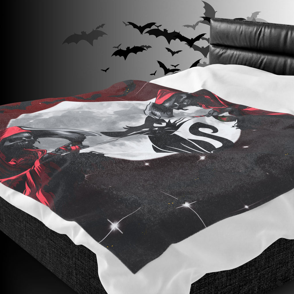 Gothic Black Cat Grim Reaper Throw Blanket — Moonlit Dark Home Decor