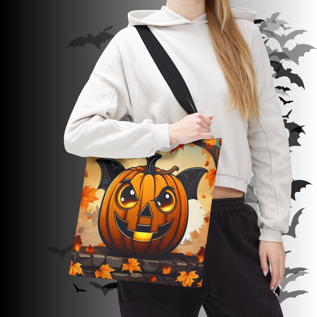 Bat Wing Jack-o'-Lantern Halloween Tote Bag — Autumn Leaves Print