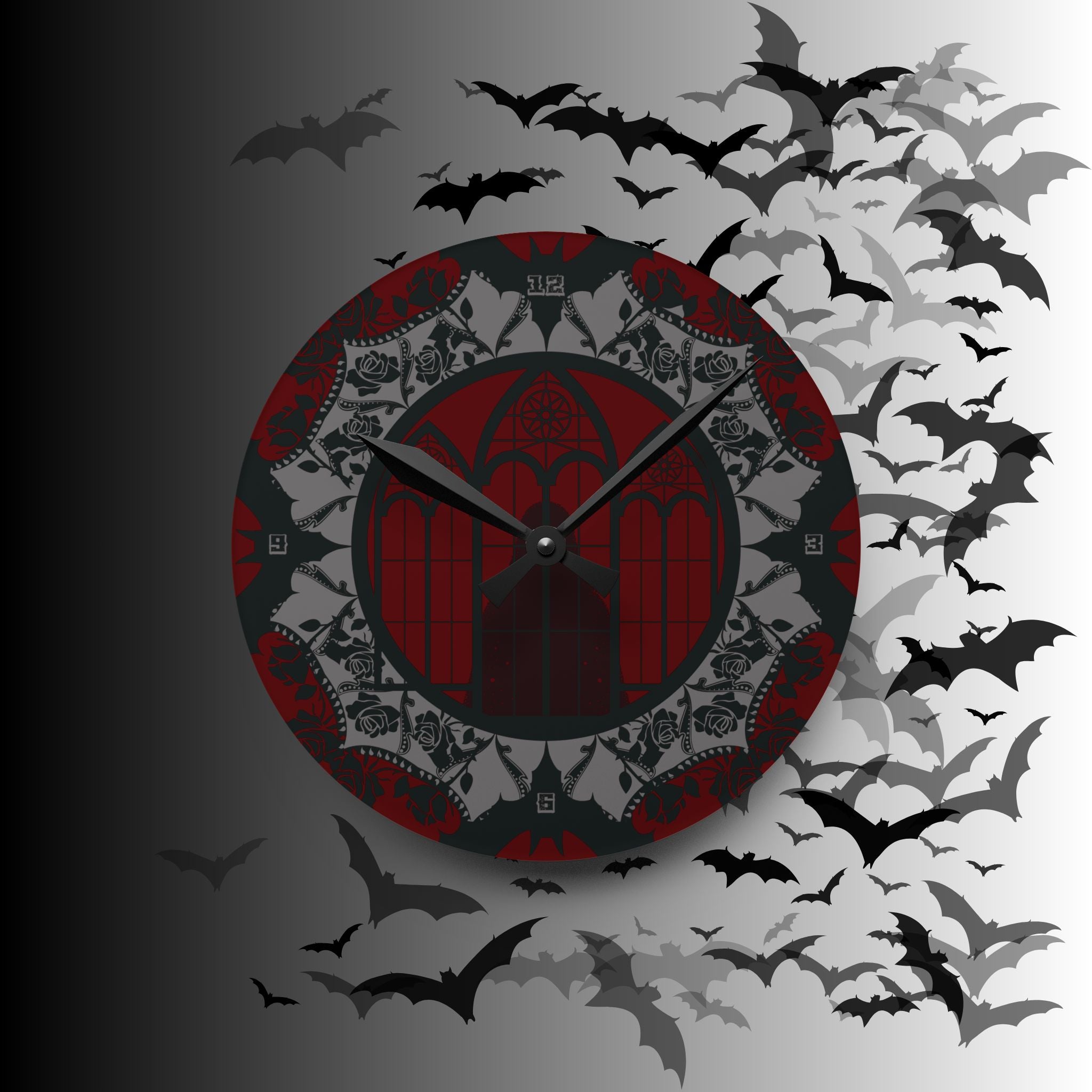 Gothic Cathedral Bats Wall Clock — Black Red Acrylic Art Print Home Decor