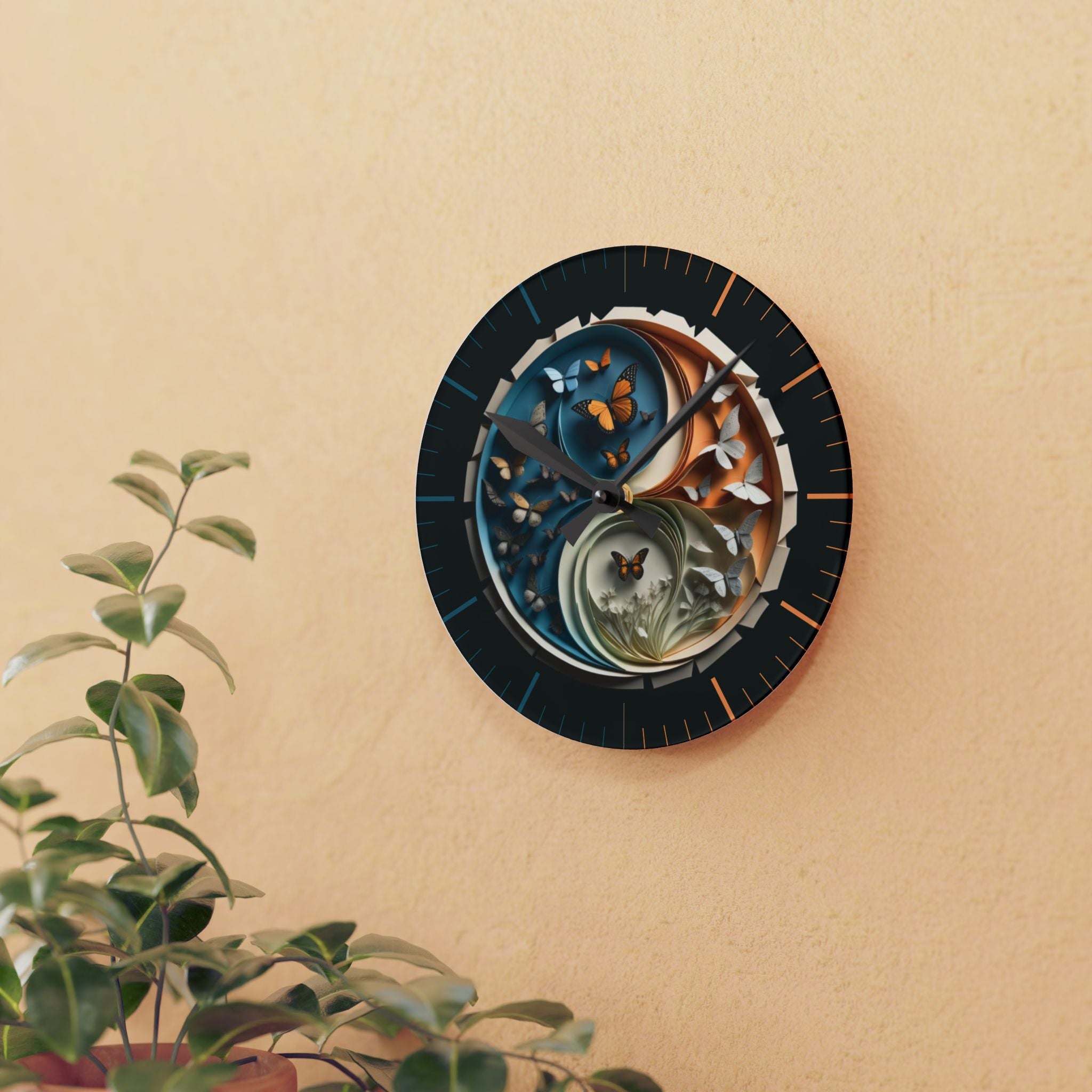 Origami Style Yin Yang Butterfly Acrylic Art Print Wall Clock Teal Orange — NOT Real Origami, Zen Home Decor