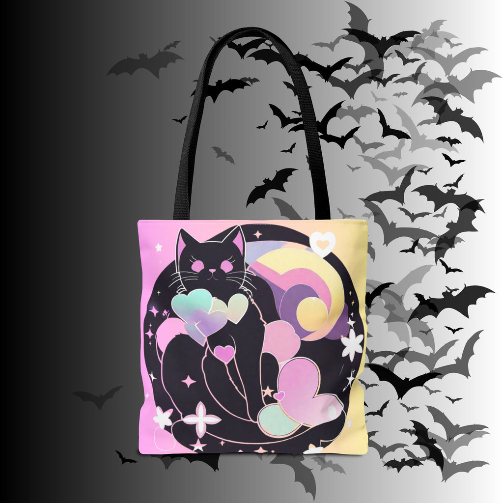 Pastel Goth Black Cat Heart Balloon Tote Bag — Kawaii Moon Print