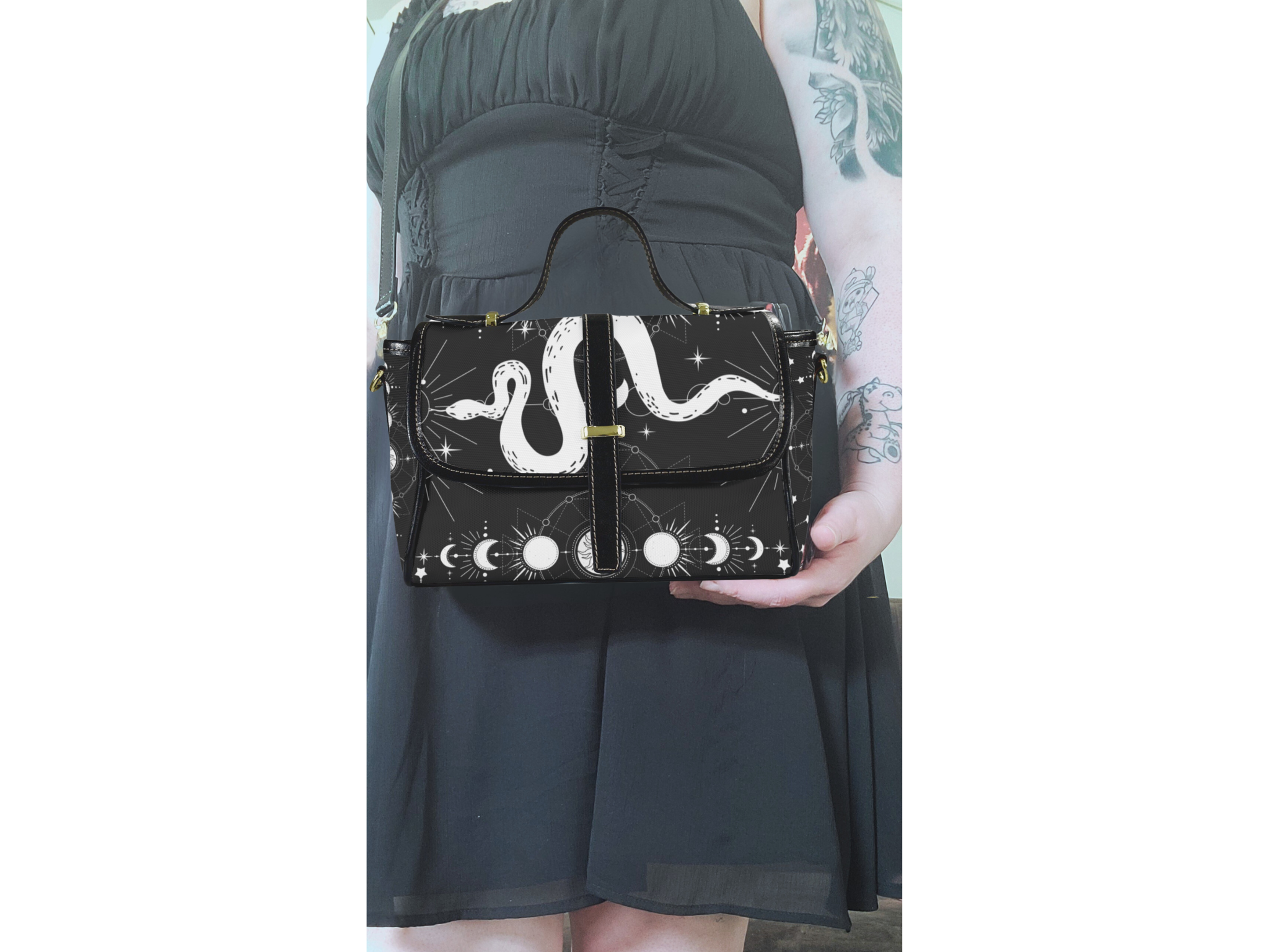 Celestial Snake Moon Phase Crossbody Bag | Witchy Waterproof Canvas Satchel Purse