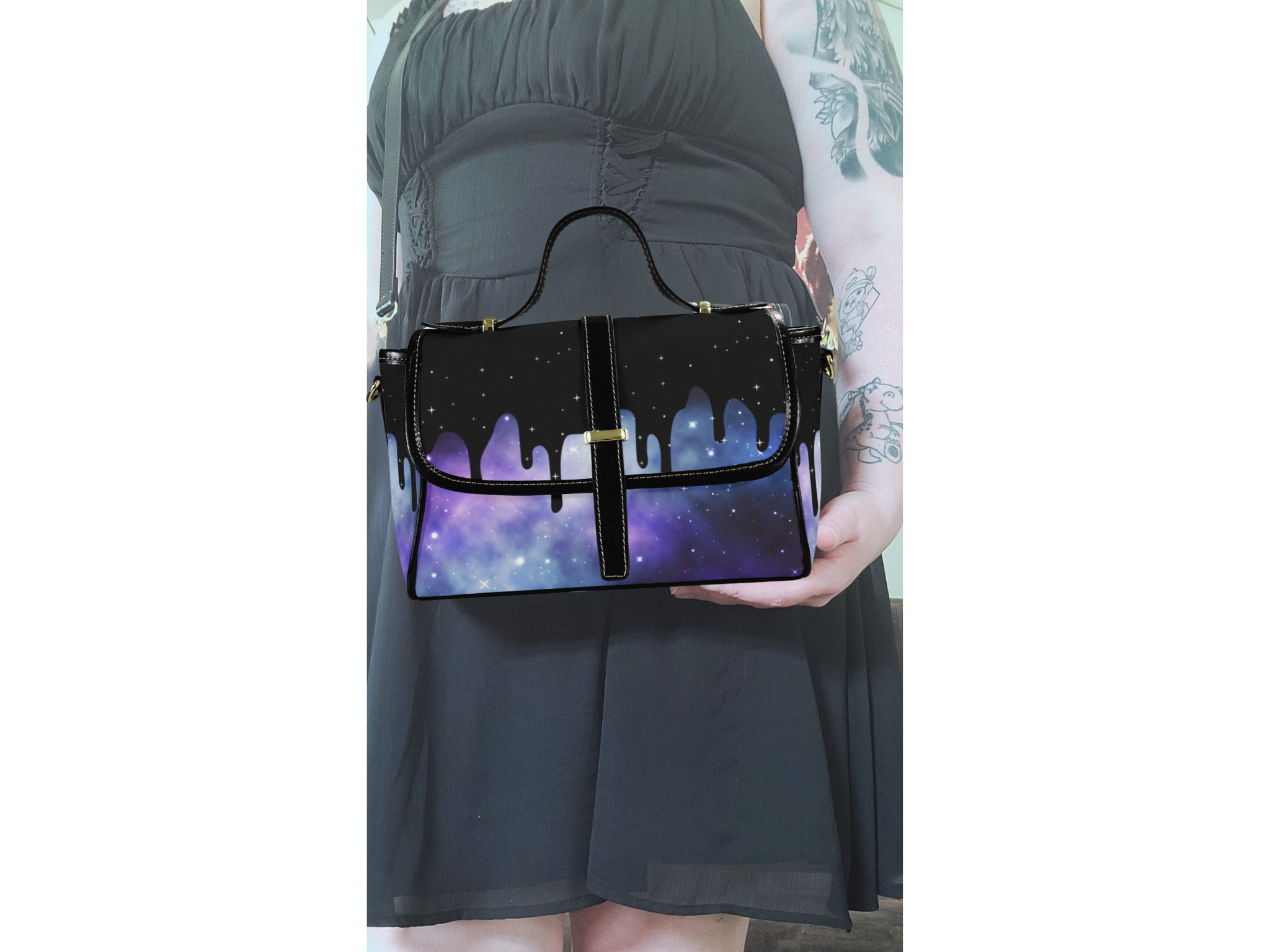 Pastel Goth Galaxy Drip Crossbody Bag | Purple Cosmic Waterproof Canvas Satchel Purse