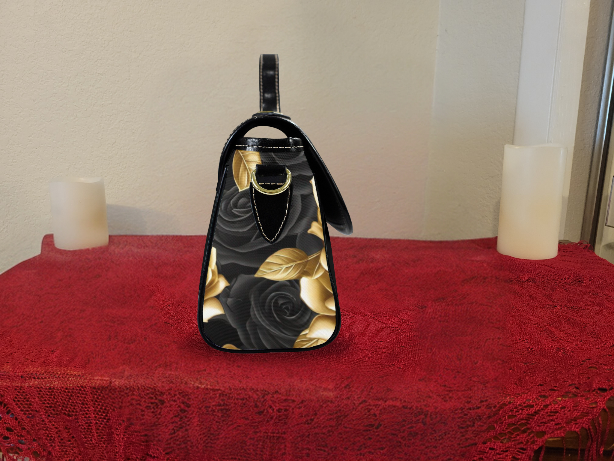 Gold and Black Rose Crossbody Satchel Bag — Waterproof Canvas Shoulder Bag