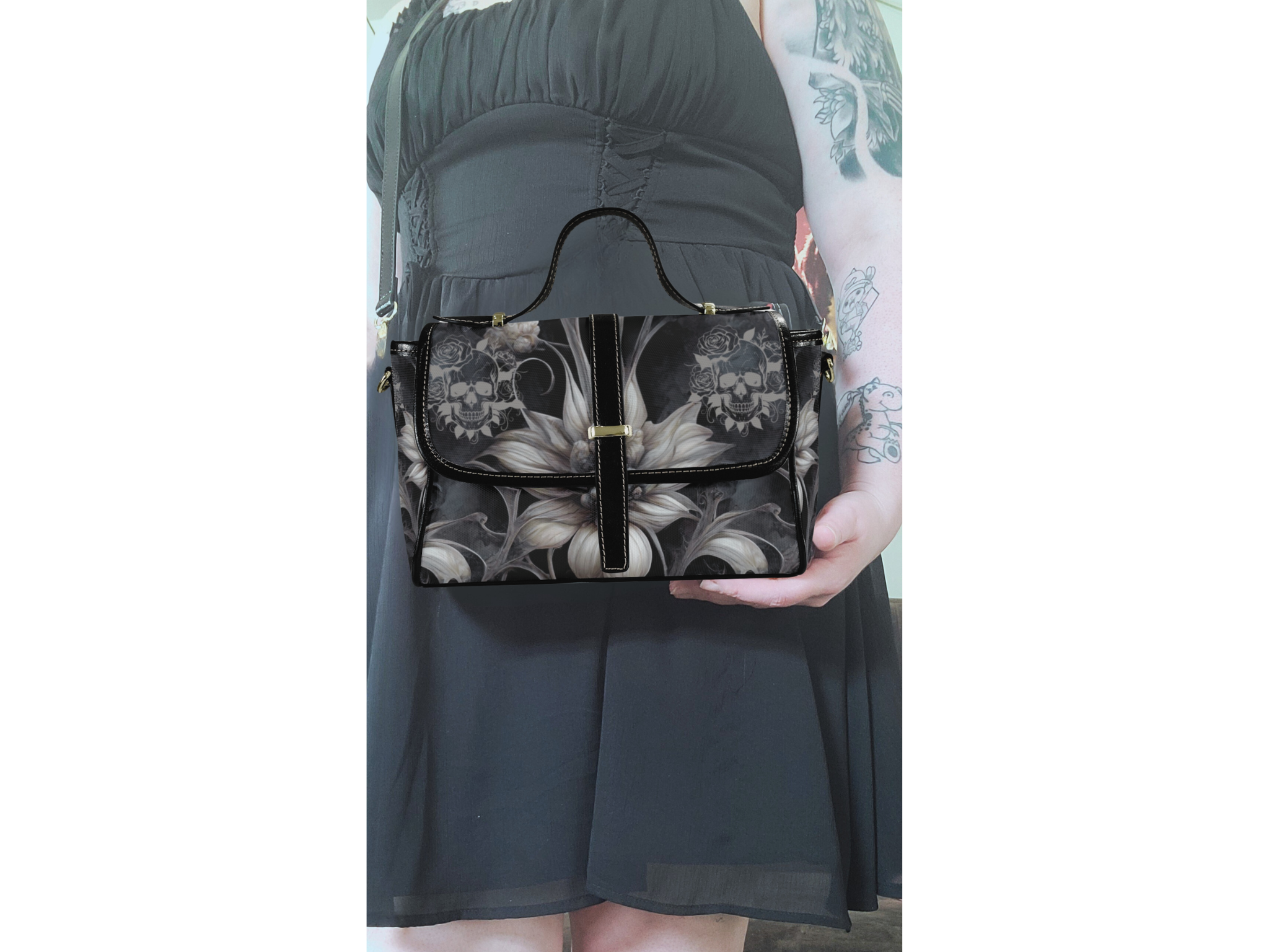 Gothic Botanical Skull Crossbody Bag | Dark Floral Lily Waterproof Canvas Satchel Purse