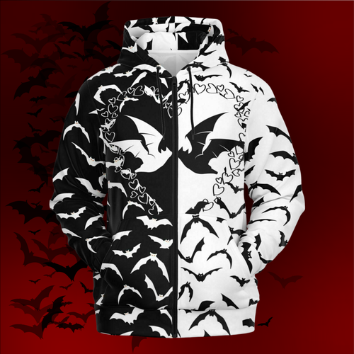 Hoodie with black and white bat pattern on a red background