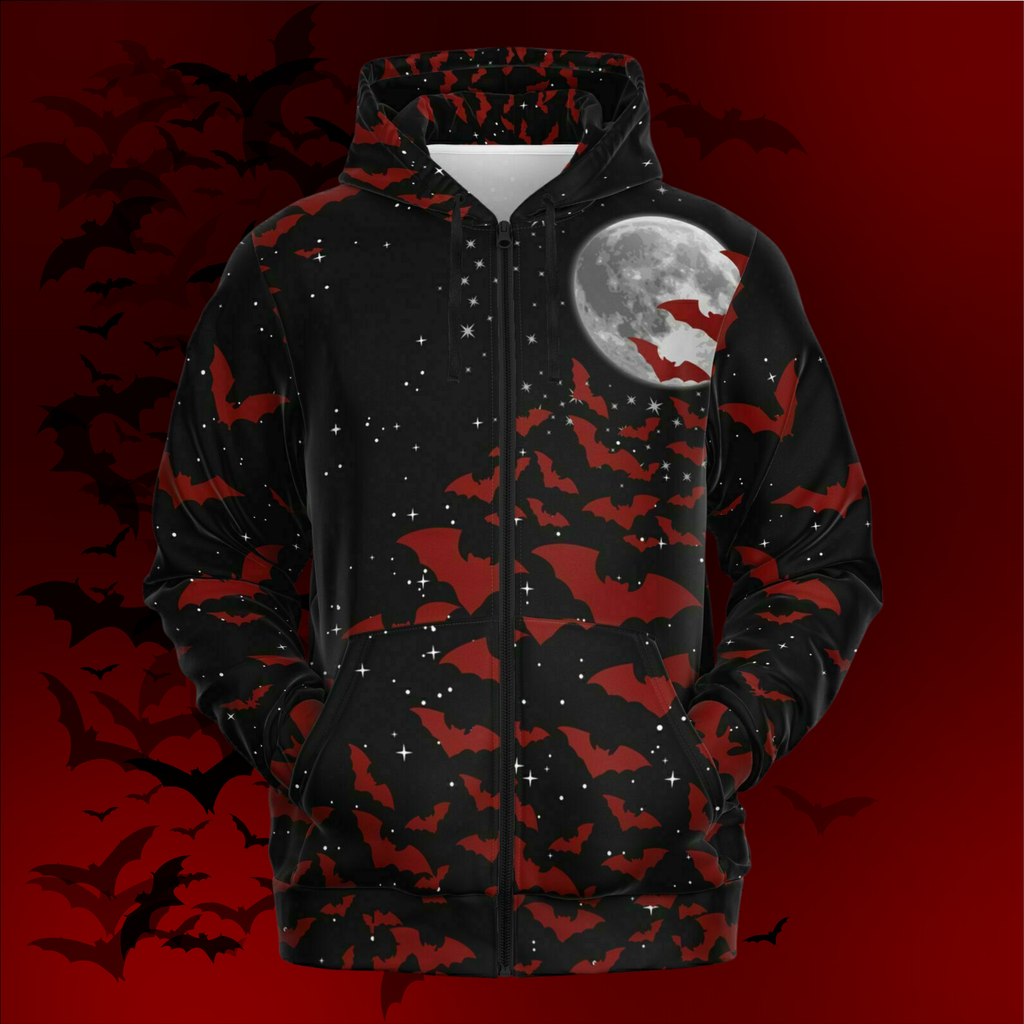 Crimson Bats & Full Moon All Over Print Zip Hoodie