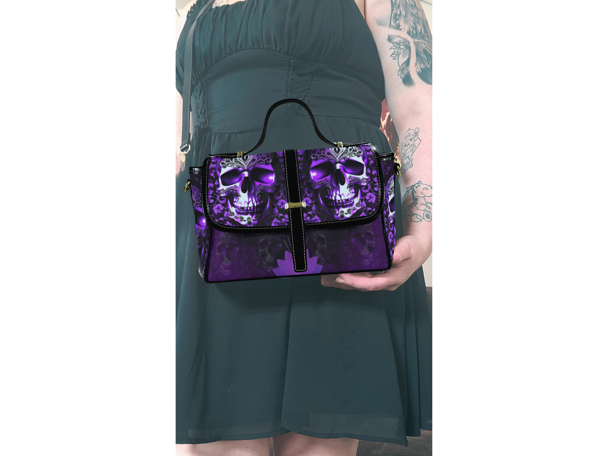 Purple Floral Skull Crossbody Bag | Gothic Glowing Skull Waterproof Canvas Satchel Purse