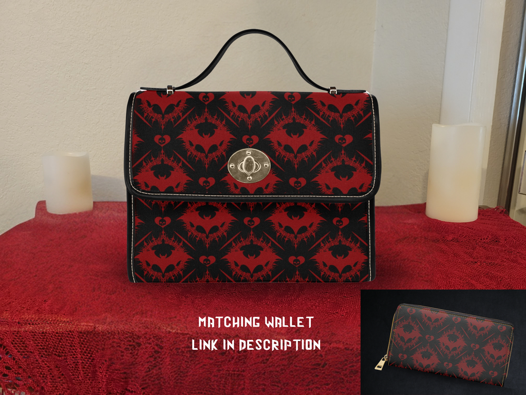 Gothic bat damask pattern black dark red skull hearts thorn waterproof canvas handbag crossbody purse gold turn lock

Next one whenever you're ready.