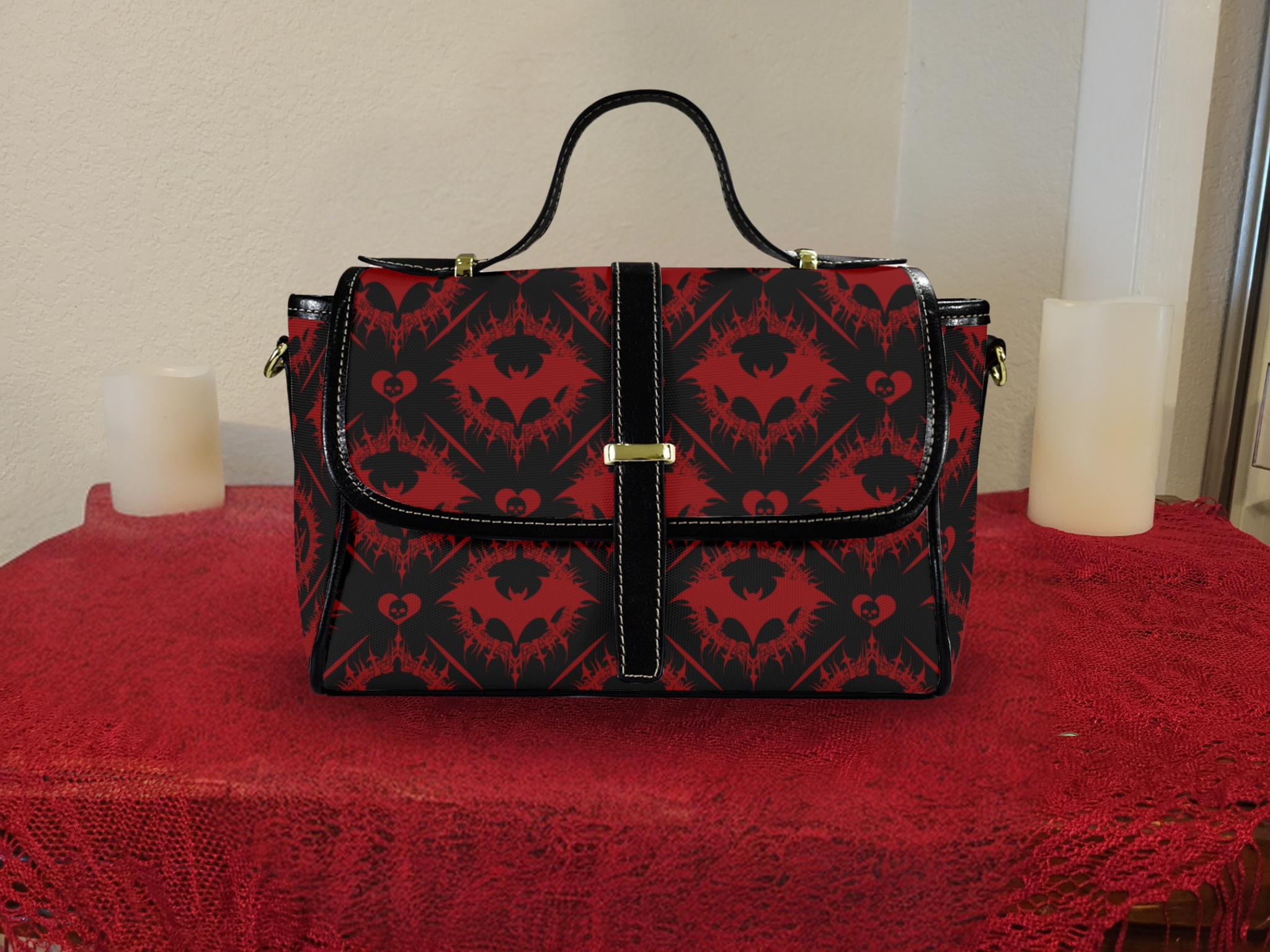 Gothic bat damask pattern red black skull hearts thorn waterproof canvas crossbody satchel purse
