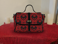 Scarlet red black gothic bat damask skull hearts thorn waterproof canvas crossbody satchel purse