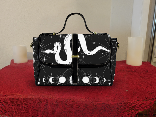 Witchy celestial snake moon phase constellation waterproof canvas crossbody satchel purse black white