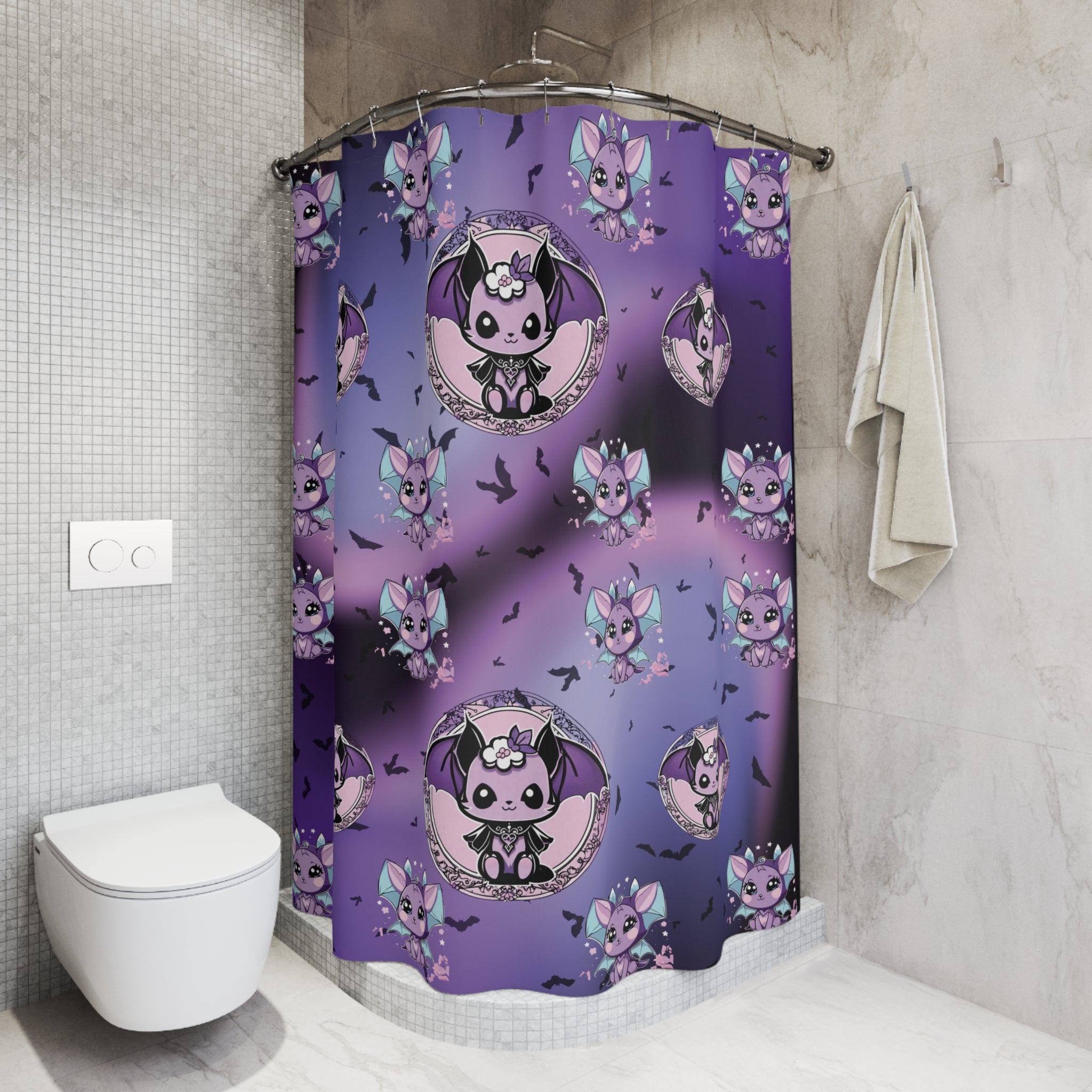 Pastel Goth Bat Shower Curtain — Kawaii Vampire Bat Purple Bathroom Decor