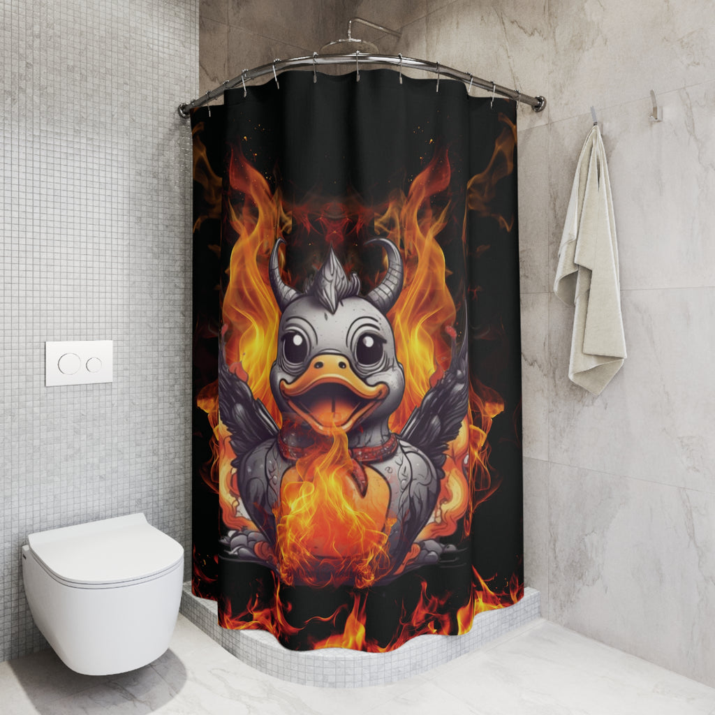 Gothic Fire Duck Shower Curtain — Demon Rubber Ducky Dark Bathroom Decor