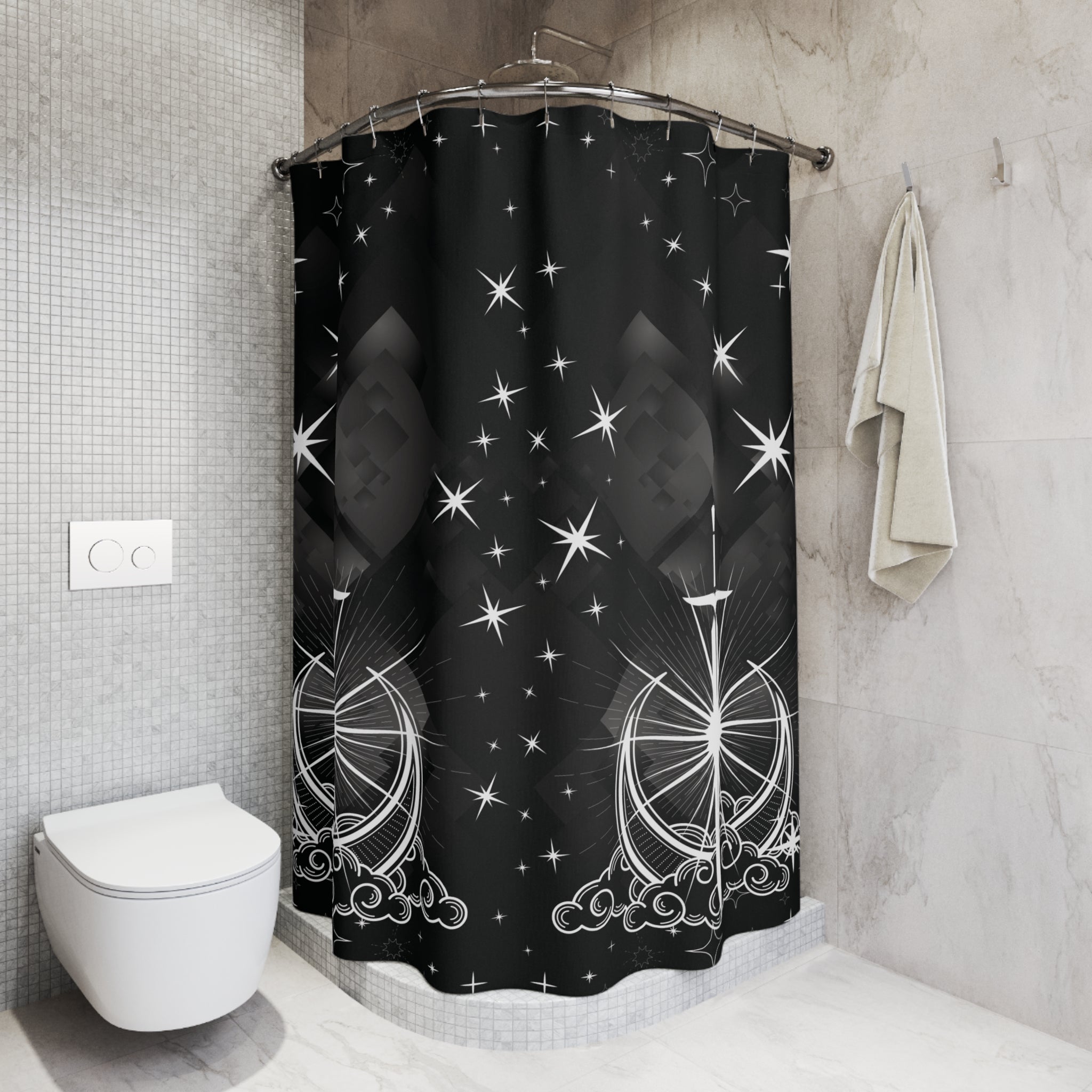 Celestial Sword Shower Curtain — Gothic Fantasy Moon Bathroom Decor