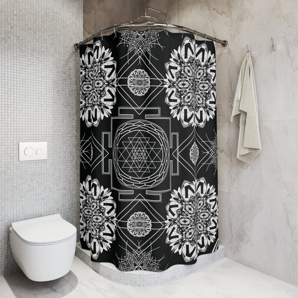 Sacred Geometry Shower Curtain — Mystical Black & White Mandala Bathroom Decor